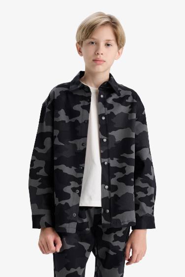 Erkek Çocuk Oversize Geniş Kalıp Polo Yaka Kamuflaj Desenli Gabardin Uzun Kollu Gömlek