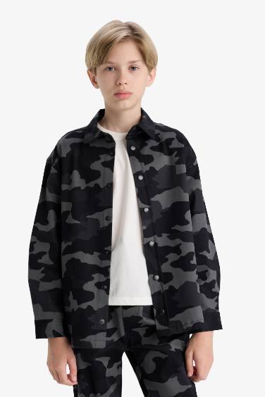 Erkek Çocuk Oversize Geniş Kalıp Polo Yaka Kamuflaj Desenli Gabardin Uzun Kollu Gömlek