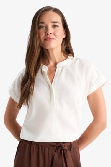 Regular Fit Flam Cotton Short Sleeve Blouse