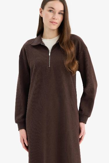 Loose Fit Fermuarlı Polo Yaka Selanik Kumaş Basic Düz Uzun Kollu Midi Elbise