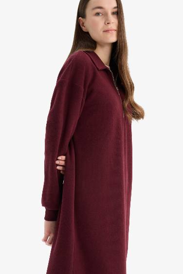 Loose Fit Fermuarlı Polo Yaka Selanik Kumaş Basic Düz Uzun Kollu Midi Elbise