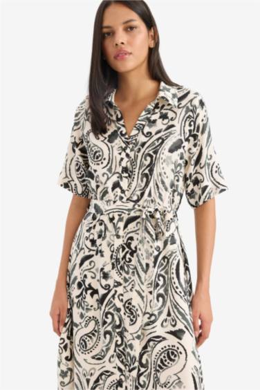 Shirt Collar Floral Patterned Belted Midi Dress