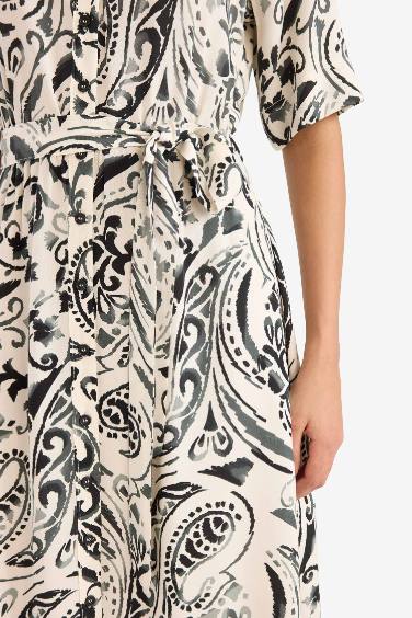 Shirt Collar Floral Patterned Belted Midi Dress