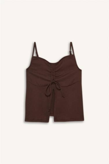 A Cut Thin Strap Front Tie Blouse