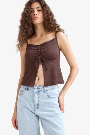 A Cut Thin Strap Front Tie Blouse