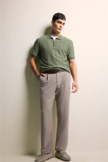 Standard Fit Zippered Polo Neck Knit Short Sleeve T-Shirt