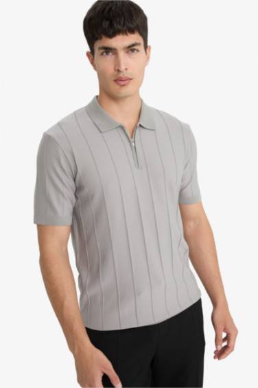 Standart Fit Polo Yaka Yarım Fermuarlı Triko Kısa Kollu Tişört