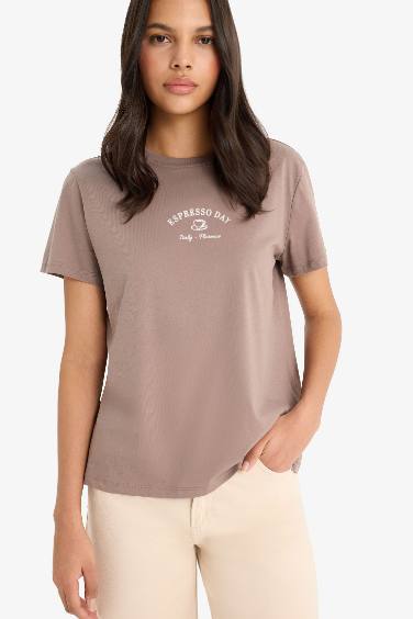 Relax Fit Bisiklet Yaka Baskılı Penye Kısa Kollu Tişört