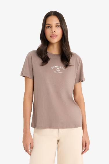 Relax Fit Bisiklet Yaka Baskılı Penye Kısa Kollu Tişört