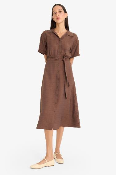 Shirt Collar Belted Short Sleeve Midi Dress