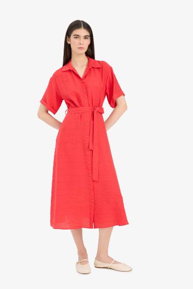 Shirt Collar Belted Short Sleeve Red Midi Dress