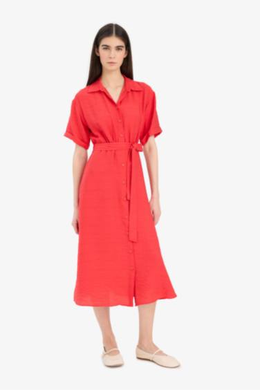 Shirt Collar Belted Short Sleeve Red Midi Dress