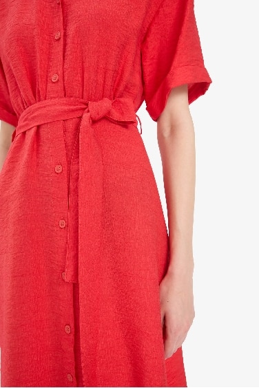 Shirt Collar Belted Short Sleeve Red Midi Dress