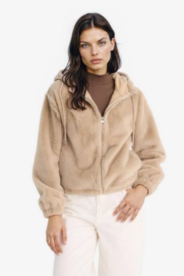 Regular Fit Polar Astarlı Kapüşonlu Fermuarlı Suni Kürk