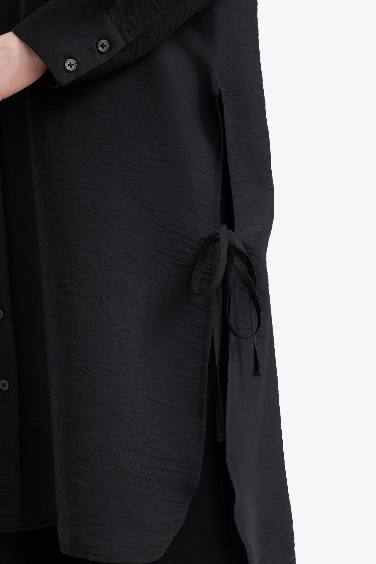 Regular Fit Basic Düz Yanları Bağcıklı Uzun Kollu Tesettür Gömlek Tunik