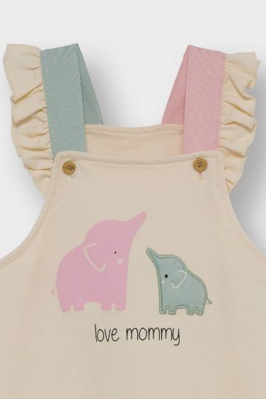 Kız Bebek 2'li Takım Dinozor Baskılı Uzun Kollu Tişört Salopet Tulum