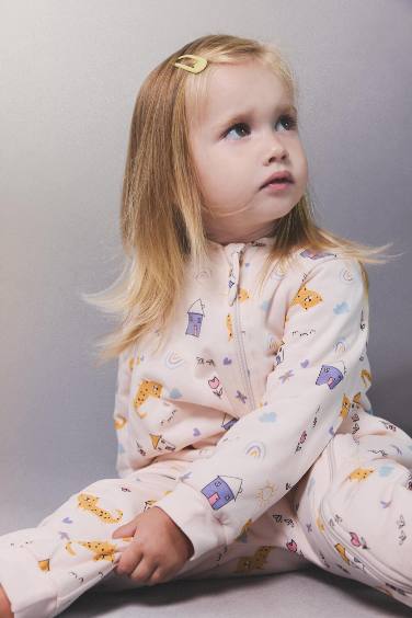 Baby Girl Newborn 1 Tog Fiber Patterned Zippered Cotton Jumpsuit