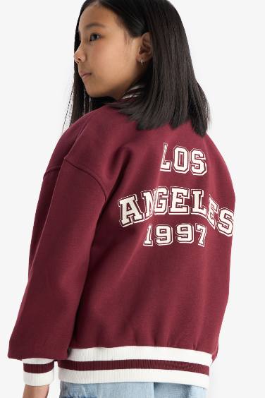 جاكيت بناتي بطبعة شعار قماش سميك اوفر سايز بياقة مستديرة