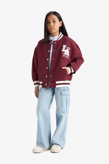 جاكيت بناتي بطبعة شعار قماش سميك اوفر سايز بياقة مستديرة