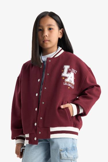 جاكيت بناتي بطبعة شعار قماش سميك اوفر سايز بياقة مستديرة