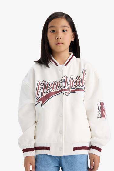 جاكيت بناتي بطبعة شعار قماش سميك اوفر سايز بياقة مستديرة