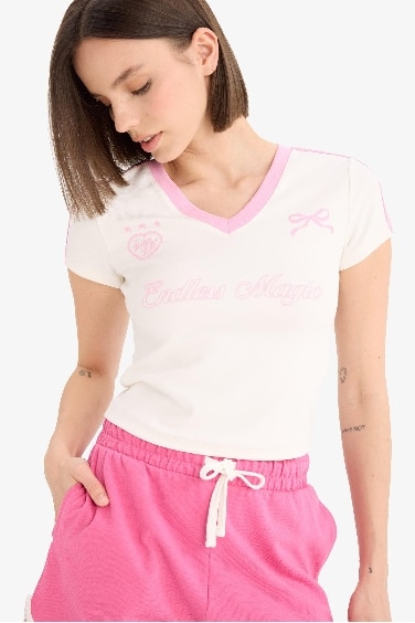 Fitted V Neck Printed Ribbed Short Sleeve T-Shirt