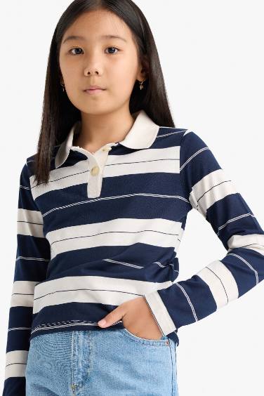 Girl Fitted Polo Neck Striped T-Shirt