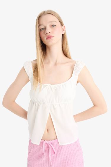 Fitted U Neck Poplin Thick Strappy Blouse
