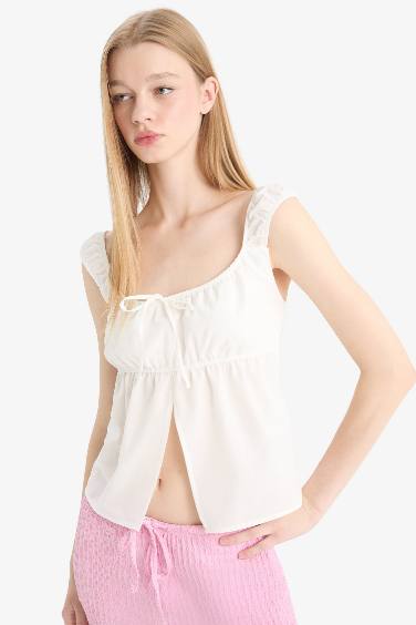 Fitted U Neck Poplin Thick Strappy Blouse