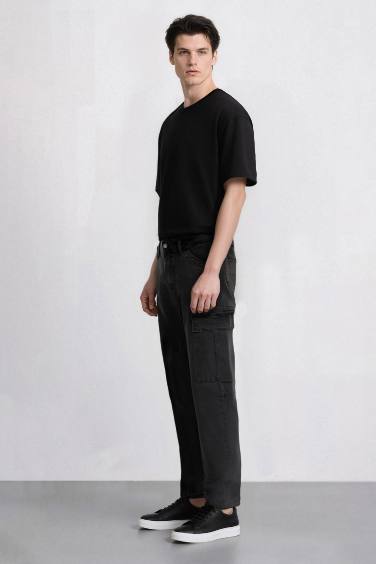 %100 Pamuk Relax Fit Rahat Kesim Düz Paça Kargo Cepli Jean Pantolon