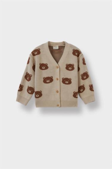Baby Boy Buttoned Bear Printed Knitwear Cardigan
