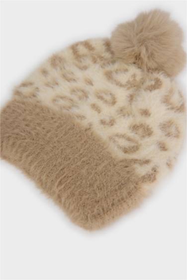 Kız Çocuk Leopar Desenli Ponponlu Triko Bere