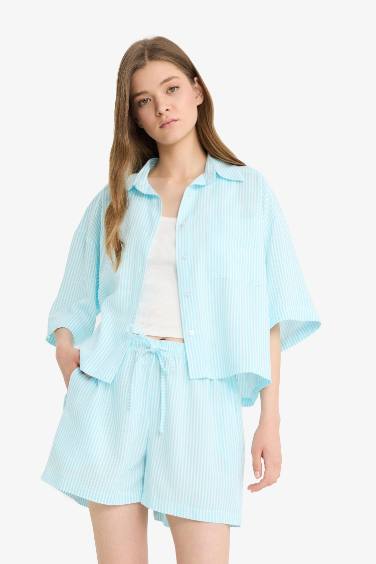 A Cut Linen Blended Striped Normal Waist Regular Hem Shorts