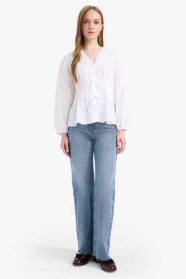 Regular Fit V Yaka  Poplin Uzun Kollu Tesettür Bluz Tunik