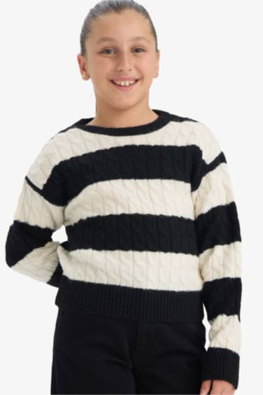 Kız Çocuk Bisiklet Yaka Çizgili Triko Kazak