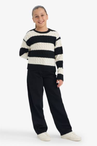 Kız Çocuk Bisiklet Yaka Çizgili Triko Kazak