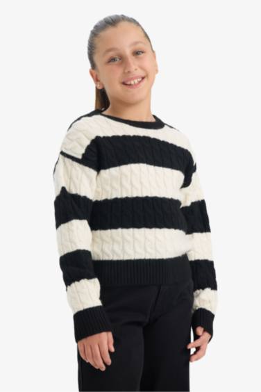 Kız Çocuk Bisiklet Yaka Çizgili Triko Kazak