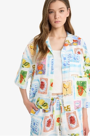 Oversize Fit Fruit Patterned Short Sleeve Shirt