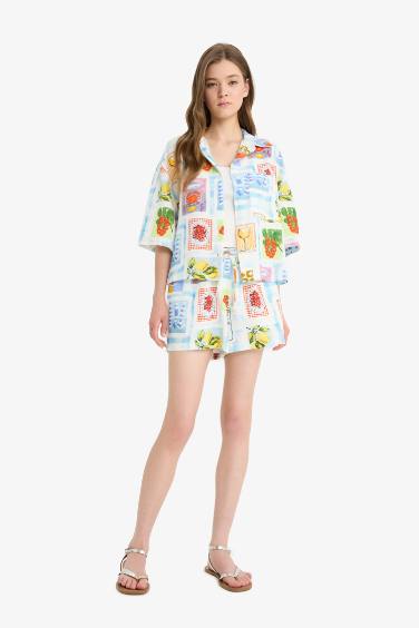 Oversize Fit Fruit Patterned Short Sleeve Shirt