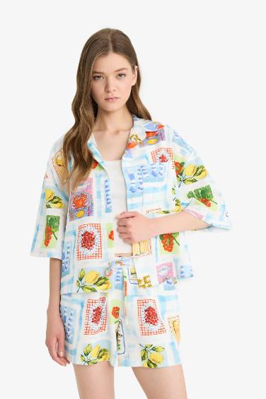 Oversize Fit Fruit Patterned Short Sleeve Shirt
