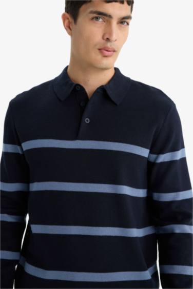 Standart Fit Polo Yaka Çizgili Triko Kazak