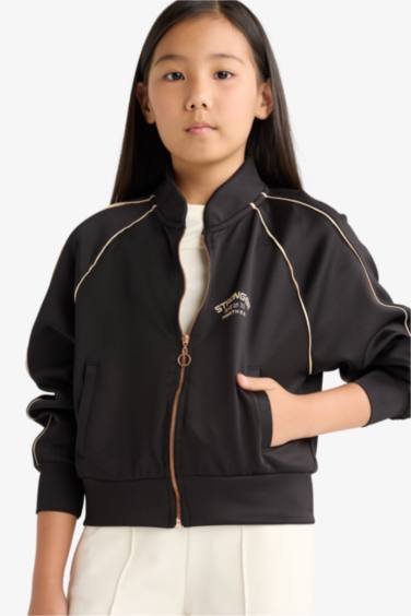 Veste zippée en tissu scuba imprimée à col rond pou fille