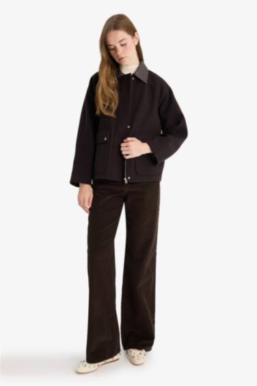 Regular Fit Polo Yaka Fermuarlı Kaşe Mont