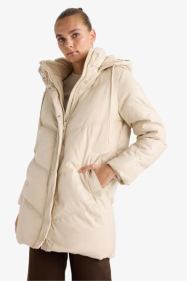 Su Geçirmez Relax Fit Kapüşonlu Suni Deri Parka