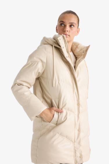 Su Geçirmez Relax Fit Kapüşonlu Suni Deri Parka