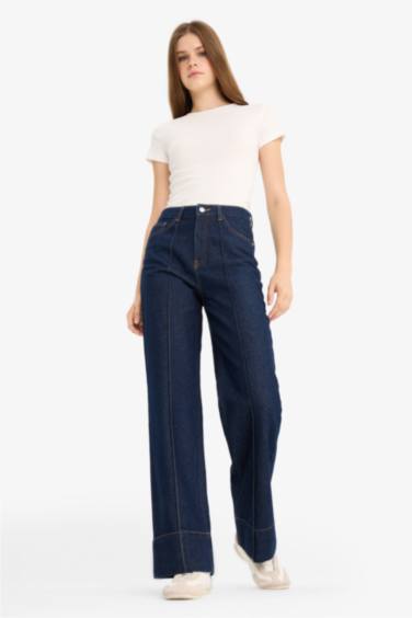 Regular Hem High Waist Straight Leg Denim Trousers