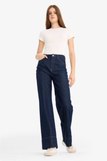 Regular Hem High Waist Straight Leg Denim Trousers