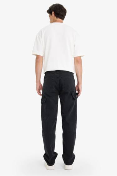 %100 Pamuk Relax Fit Geniş Paça Kargo Cepli Jean Pantolon