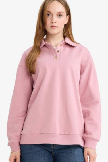 Regular Fit Thick Sweatshirt Fabric Polo Collar Sweat Tunic