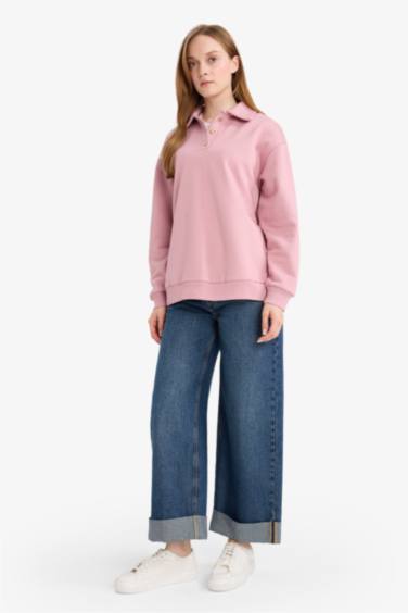 Regular Fit Thick Sweatshirt Fabric Polo Collar Sweat Tunic